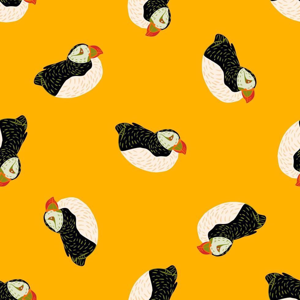 Bright decor seamless pattern with white and black colored puffin ornament. Yellow background. Zoo print. vector
