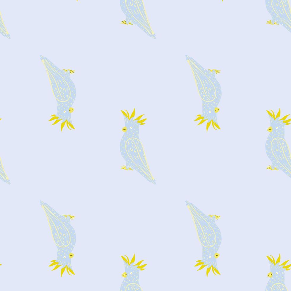 Minimalistic style seamless pattern with cartoon cockatoo parrot shapes. Blue light background. Simple design. vector