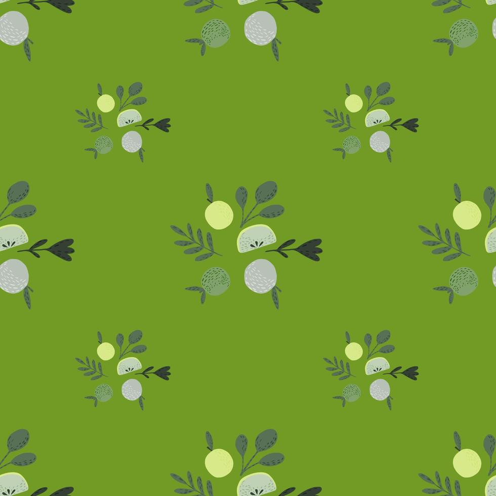 Seamless food minimalistic pattern with apple fruit print and leaves silhouettes. Green background. vector