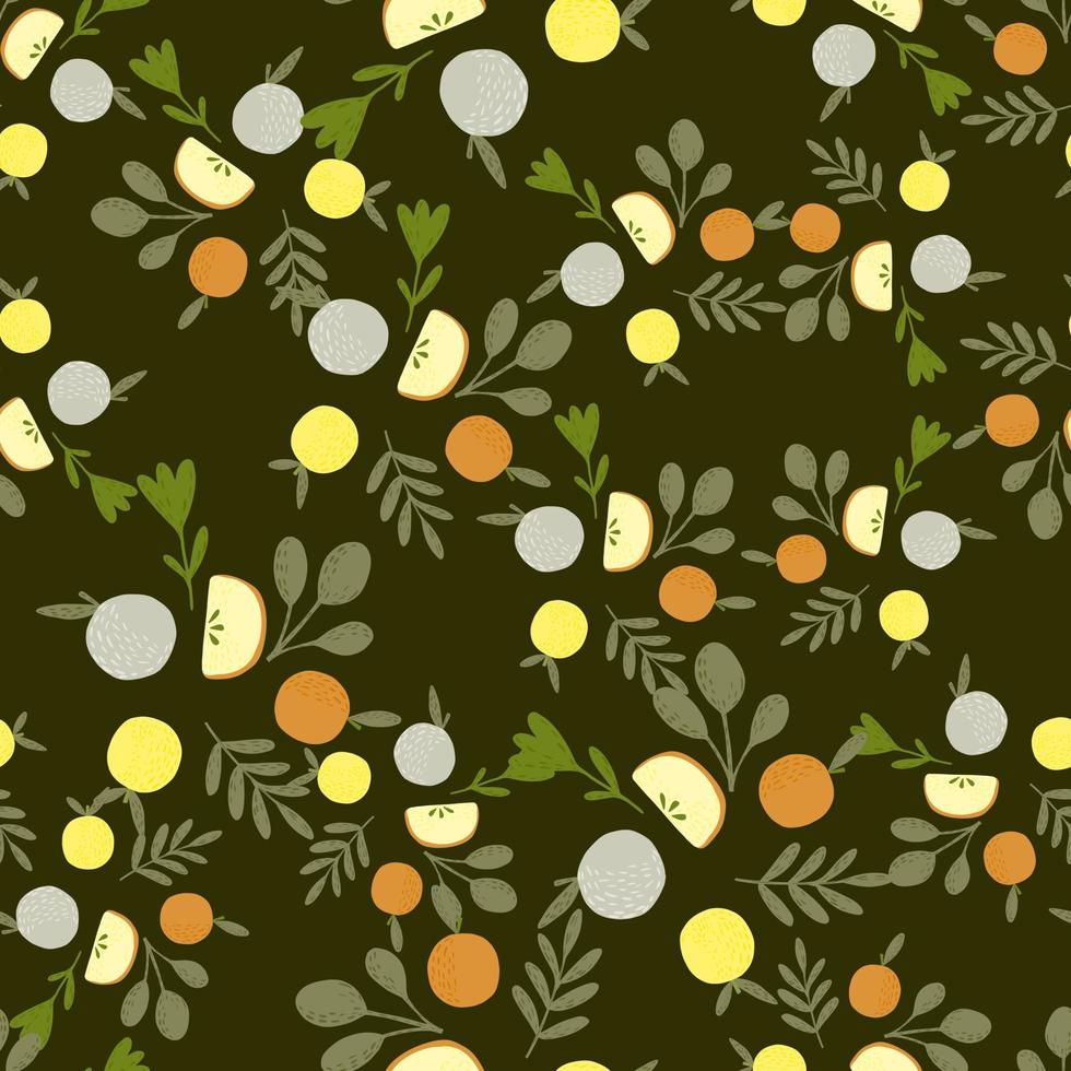 Autumn tones seamless pattern with apple shapes and leaf silhouettes. Green olive background. Food backdrop. vector