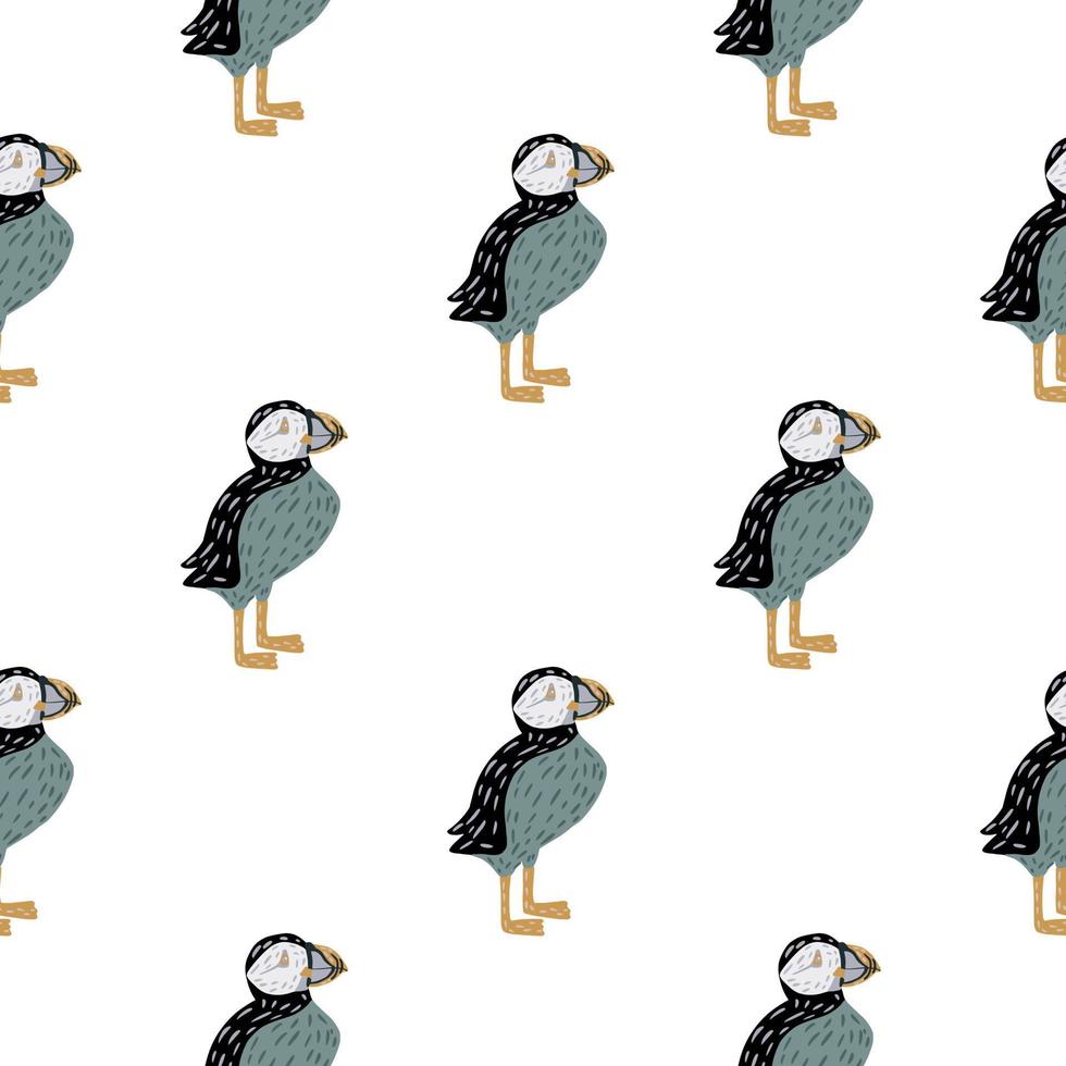 Seamless isolated doodle pattern with kids style puffin bird ornament. White background. Simple design. vector