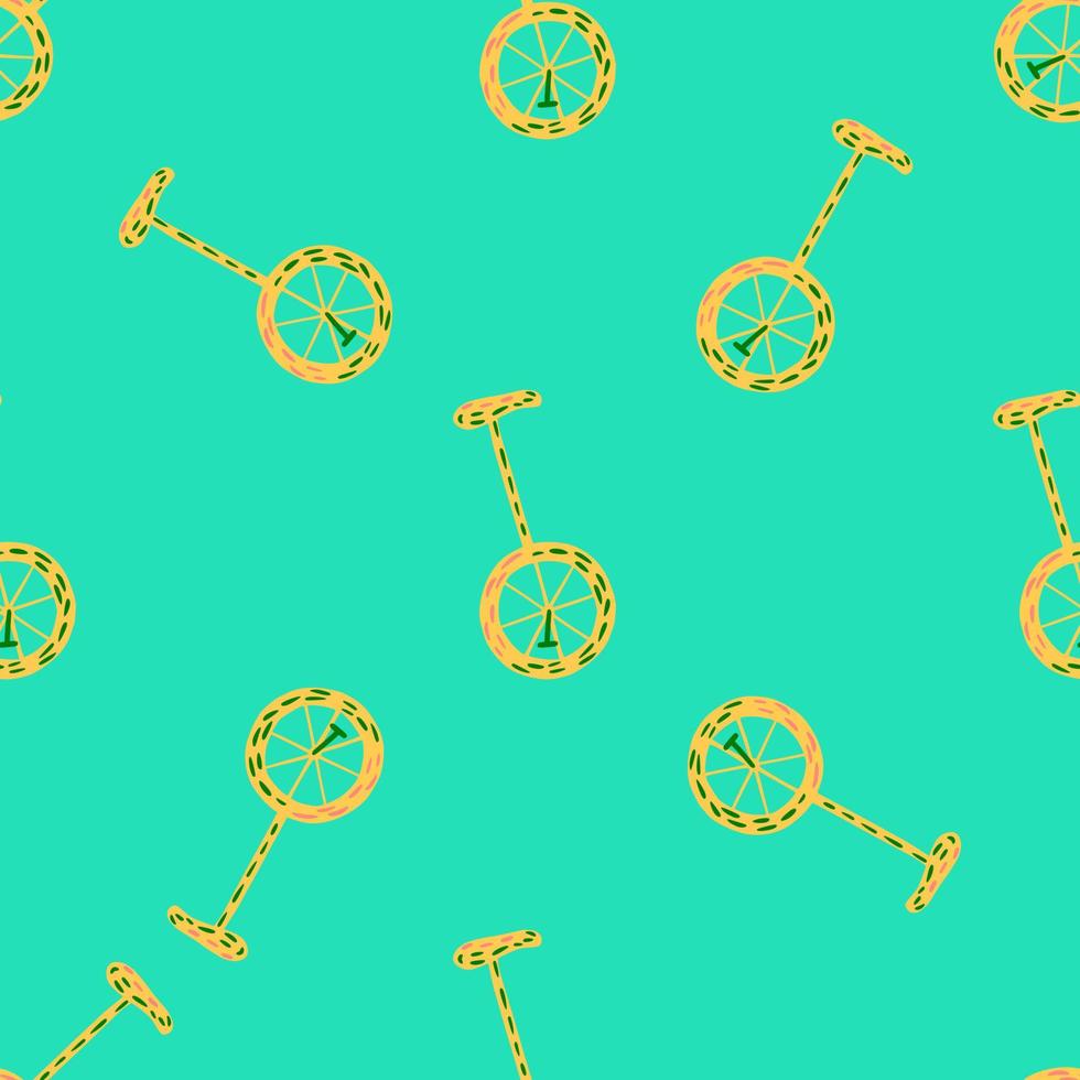 Bright seamless patterm with random yellow colored bicycle print. Turquoise background. Funny backdrop. vector