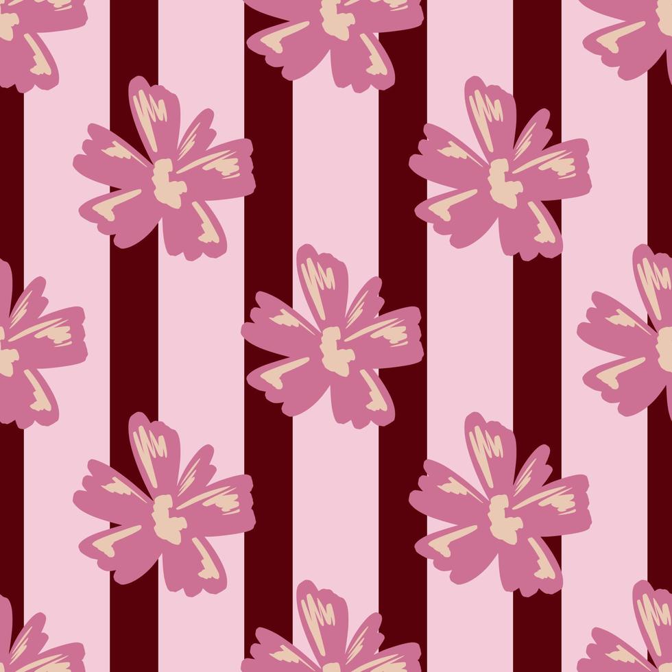 Abstract botanic seamless pattern with hand drawn pink colored flowers elements. Maroon striped background. vector