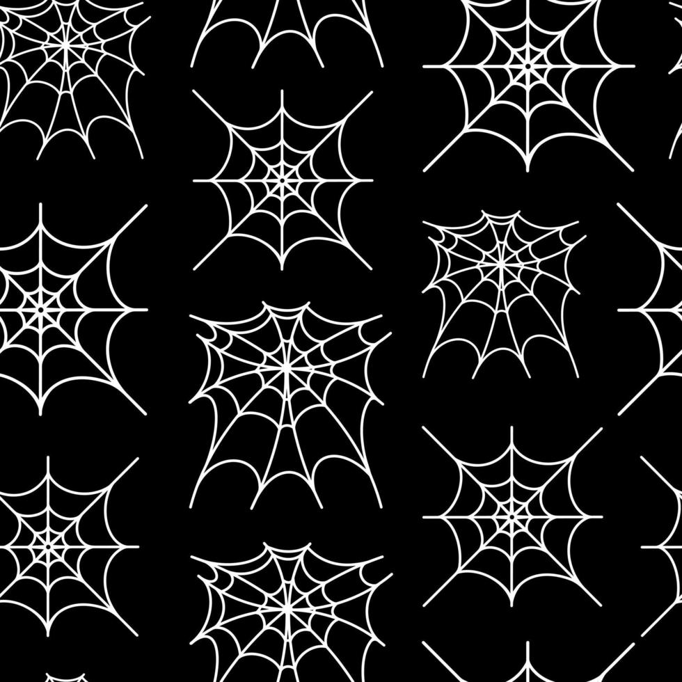 White spider web on black background seamless vector pattern. Hand-drawn sketch of a spider trap. Line art. Halloween backdrop. Festive decor, monochrome. Design for wrapping paper, decoration.