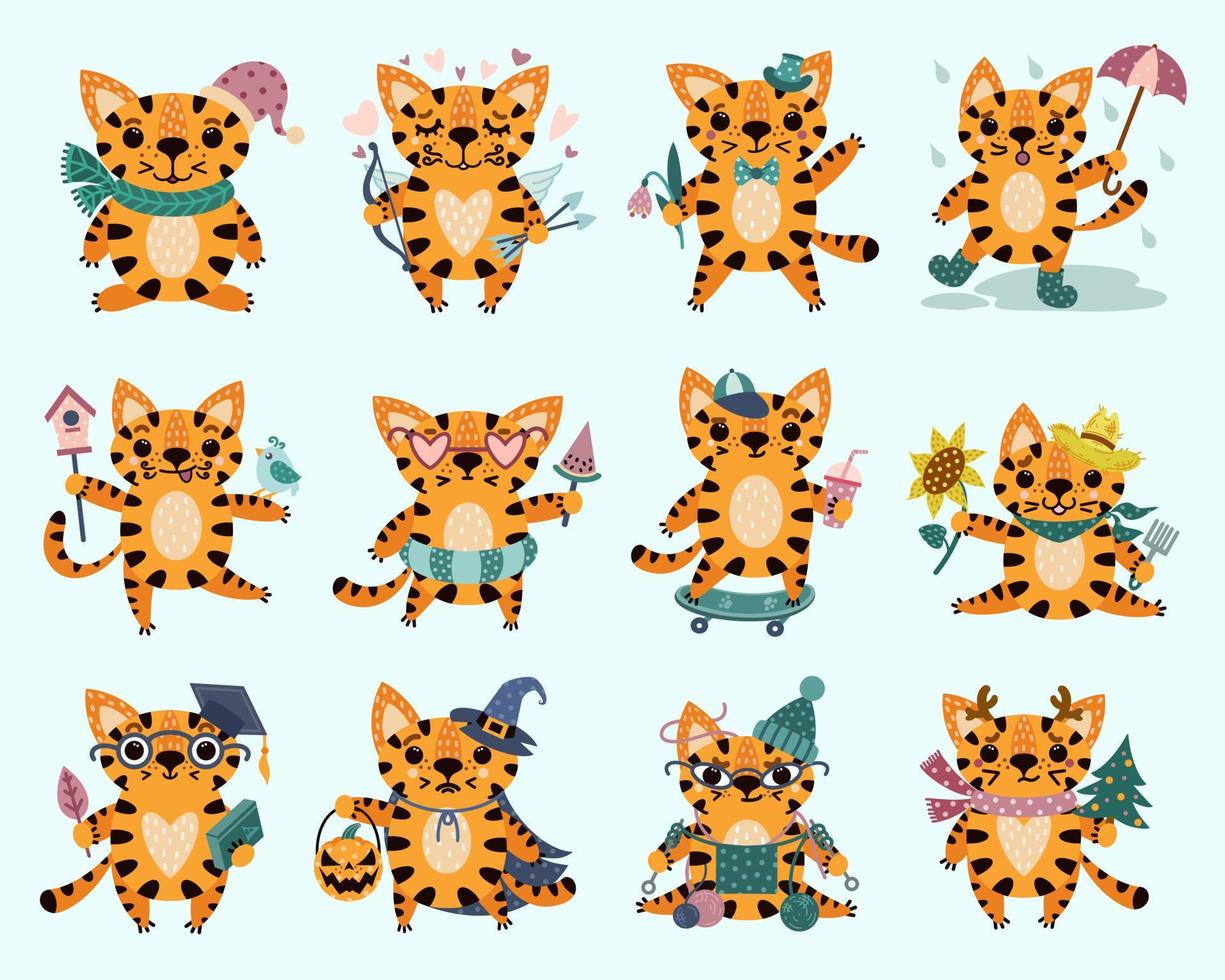 Cute cartoon vector tiger cubs big set. Isolated icons of cats on a white background. Hand-drawn colorful animals in various poses. Flat style, colored doodle. Childrens illustration