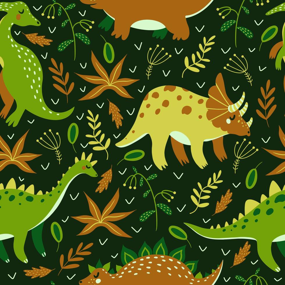 Cute cartoon dinosaurs seamless vector pattern. Jurassic reptiles on a dark background. Hand-drawn doodles. Animals eat grass in the rainforest. Flat style.