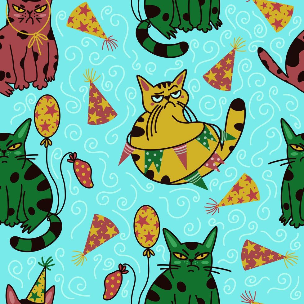 Grumpy cartoon cats seamless vector pattern. Cute animals in party caps with balloons. The pets are celebrating their birthday.Displeased kittens on a light background. Flat style. Hand-drawn doodles.