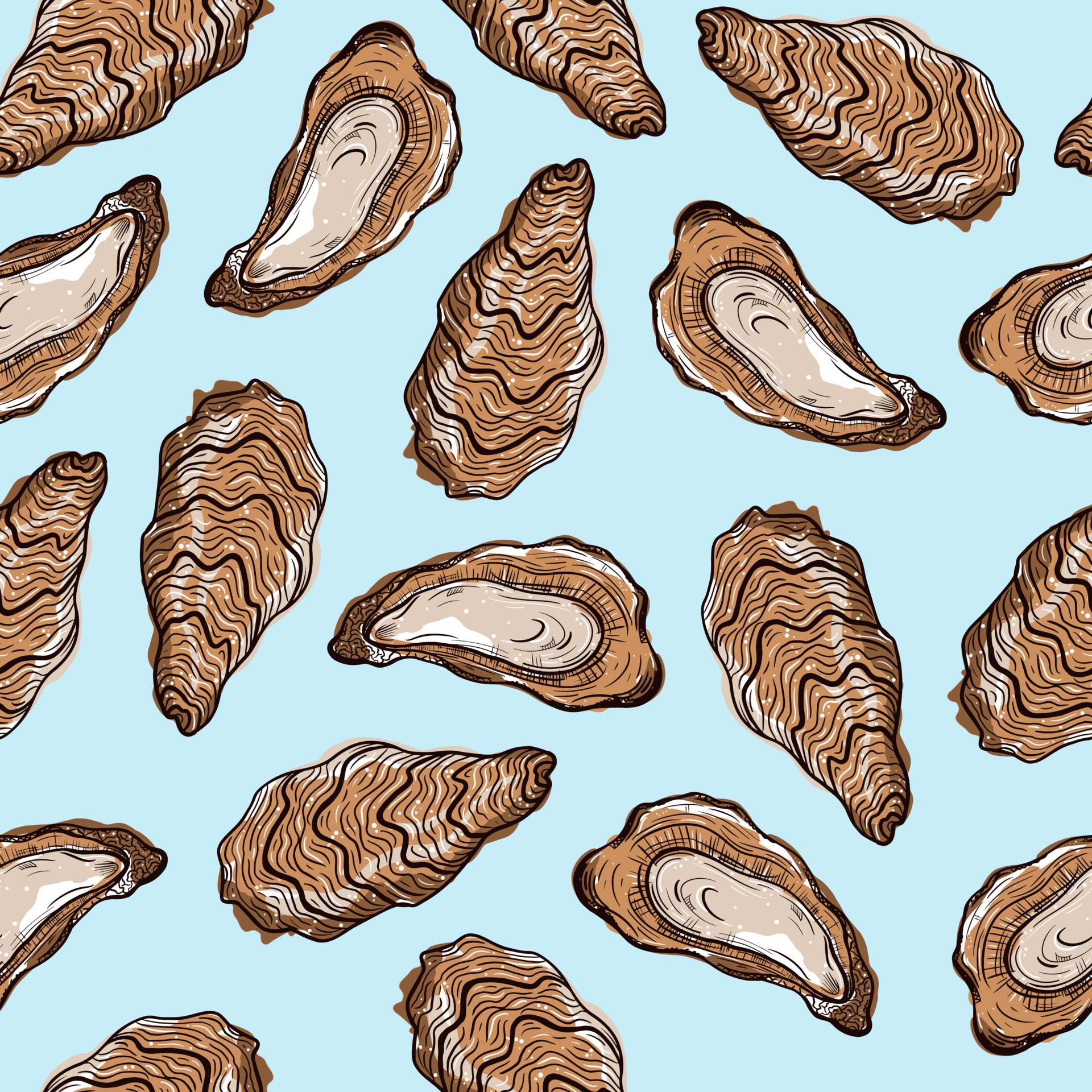 Oysters seamless vector pattern. Open and closed shells of an edible