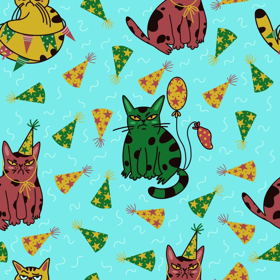 Cute cartoon cats seamless vector pattern. Grumpy kittens are celebrating their birthday. Animals in festive caps with garlands and balloons. Proud pets at the party. Drawn by hand, flat style.