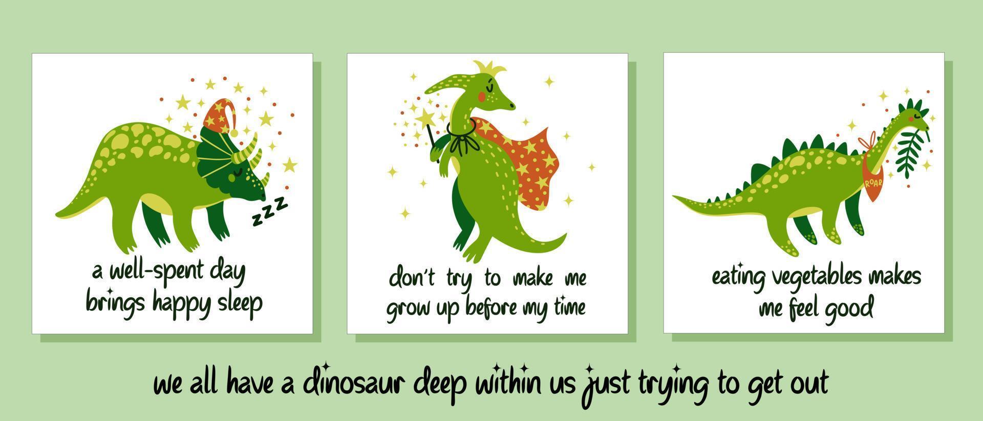 Set of cute cartoon dinosaurs. Vector dino on a white background. The reptile sleeps in a nightcap. Animal in the crown. The beast eats vegetables. Flat style. Drawn by hand. Baby posters collection.