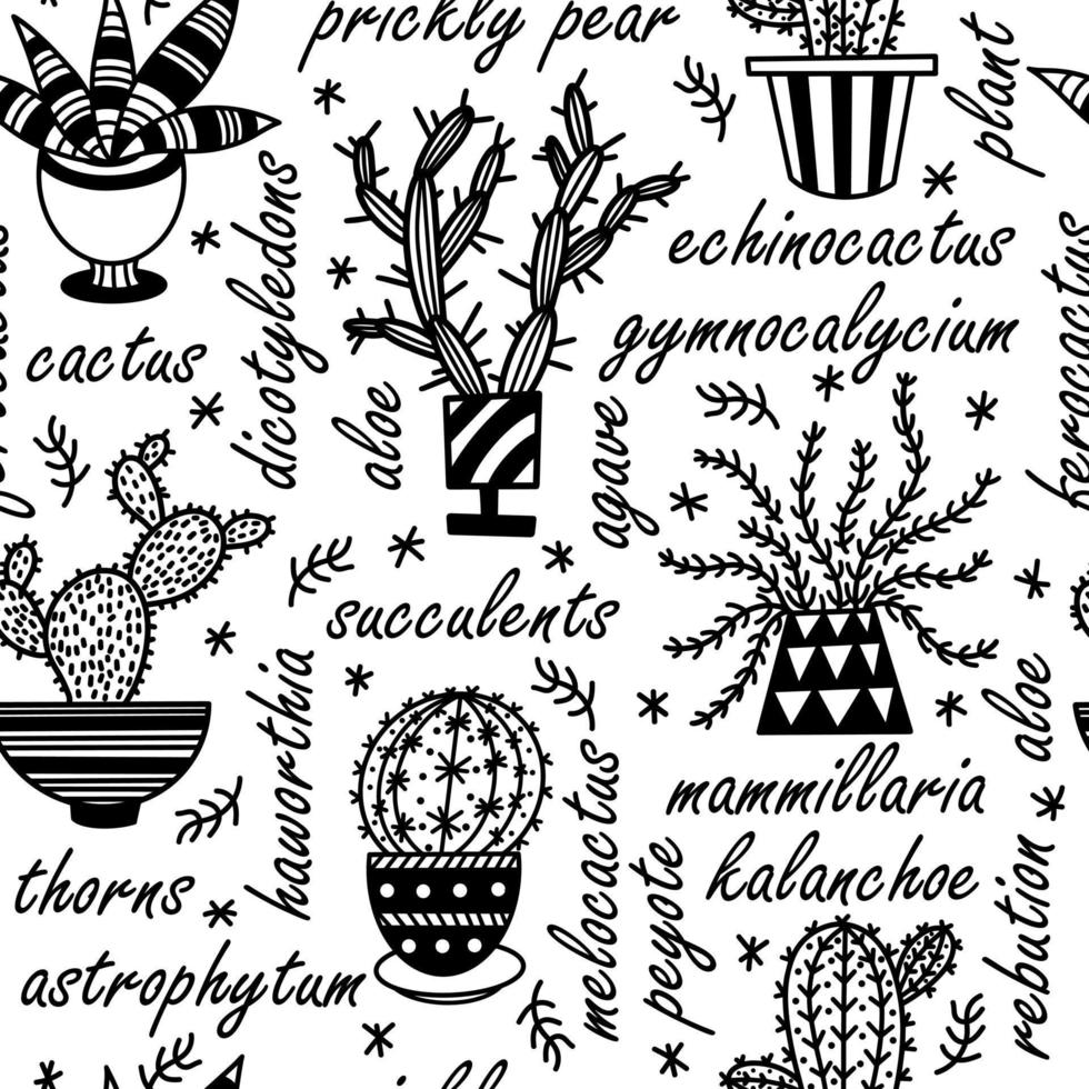 Cute cacti in pots seamless vector pattern. Hand-drawn cactus on a white background. Black outline of an exotic plant. Botanical sketch with text. Succulents doodle. Line art prickly pear. Monochrome.