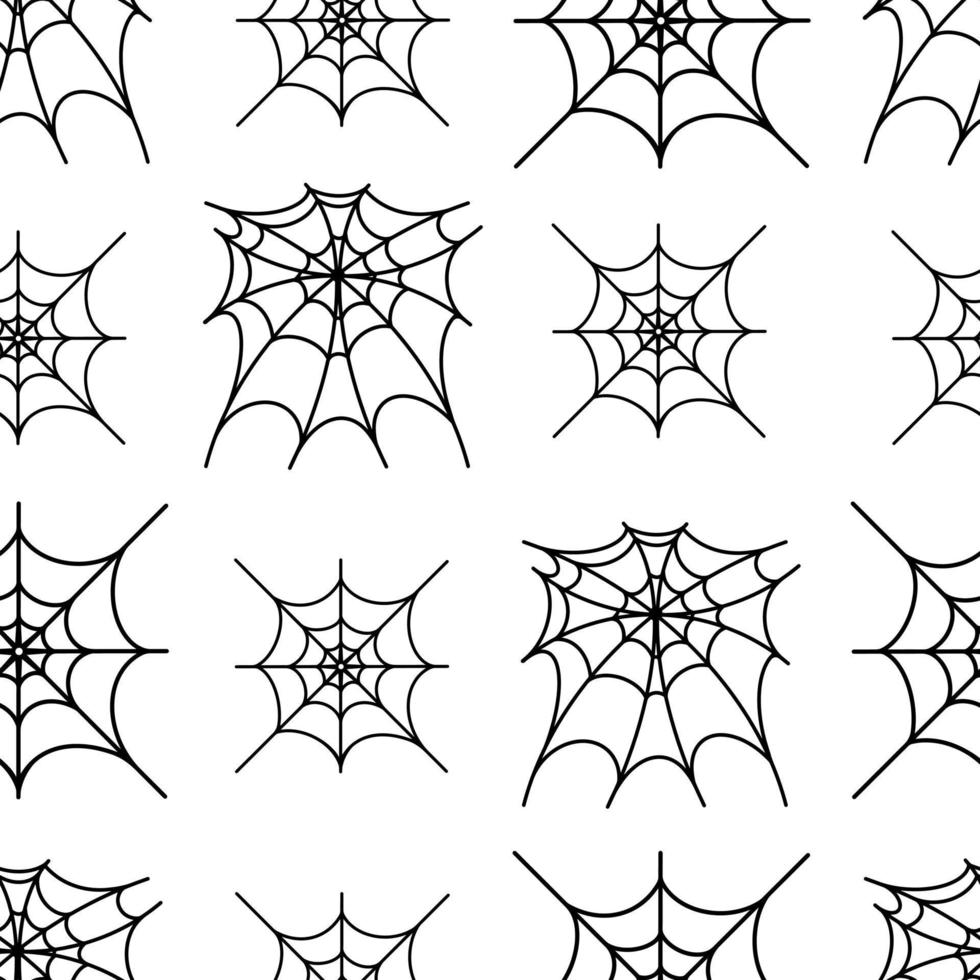 Black spider web on white background seamless vector pattern. Hand-drawn gossamer outline. Halloween backdrop. A sketch of a spider trap. Line art. Festive decoration, monochrome.