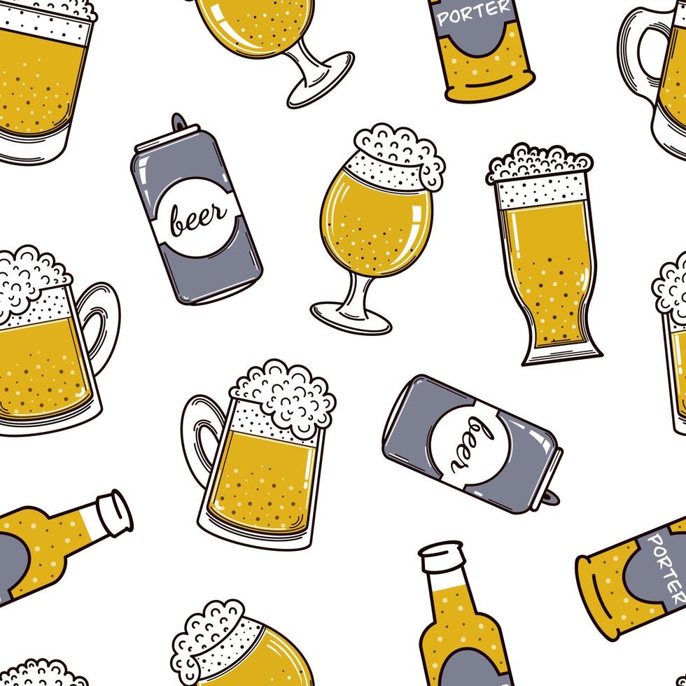 cerveza en diferentes paquetes patrón de vector transparente. alcohol en una botella, vaso, taza, lata de aluminio. bebida espumosa sobre un fondo blanco. estilo de dibujos animados plana. ilustración para diseño y embalaje.