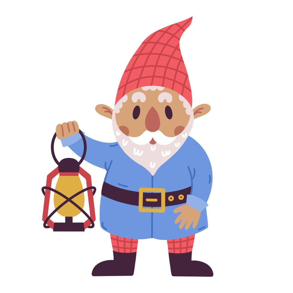 Cartoon little gnome with kerosene lamp vector icon. Hand drawn illustration isolated on white background. A cute dwarf is scared, lighting the way with a lantern. Elderly character, flat style