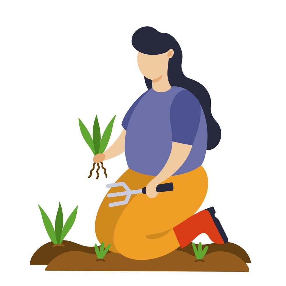 Young dark-haired girl is working in the garden, planting seedlings in the soil. Farmer vector illustration, a girl with a rake takes care of the vegetable garden. Spring concept, flat style