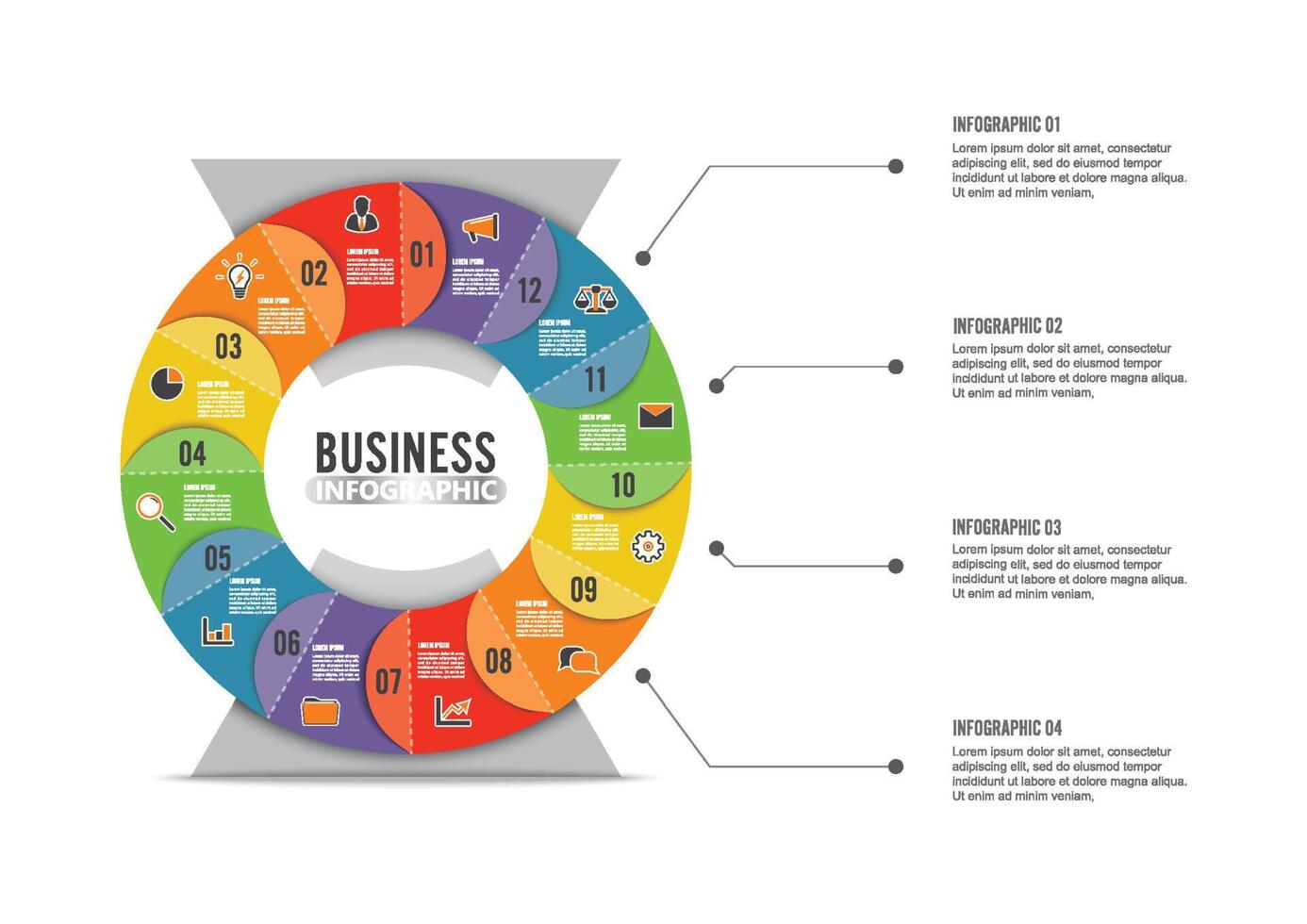 Plantilla de infografía de gráfico circular con 12 opciones para presentaciones, publicidad, diseños, informes anuales. vector