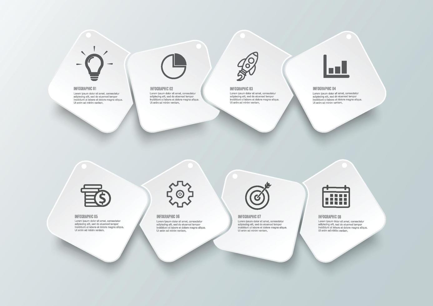 plantilla de infografía vectorial con etiqueta de papel 3d, círculos integrados. concepto de negocio con 8 opciones. para contenido, diagrama, diagrama de flujo, pasos, partes, infografías de línea de tiempo, flujo de trabajo, gráfico. vector