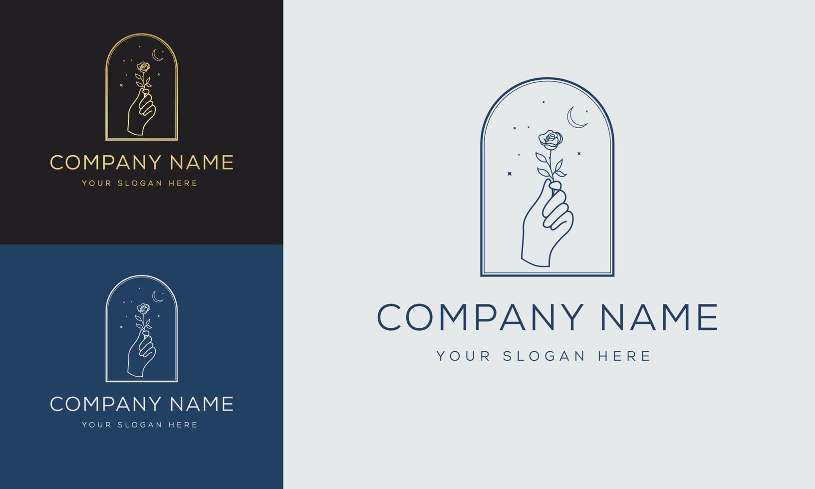 A set of female hand logos in a minimal linear style. Vector logo design Templates with different hand gestures, Crystal. For cosmetics, beauty, tattoo, Spa, feminine, jewelry store