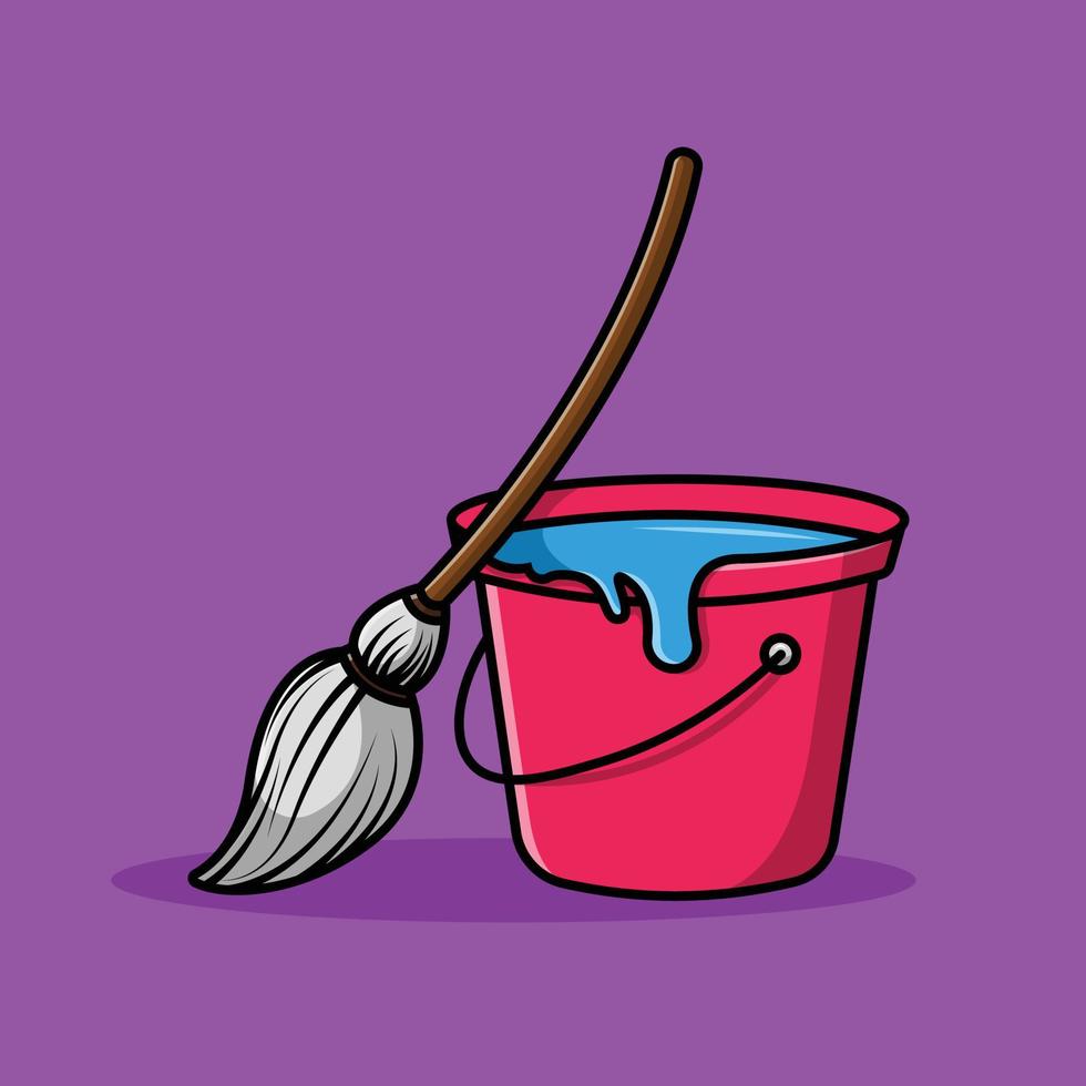 Mop And Bucket Vector Icon Illustration. Cleaning Tool Icon Concept Isolated Premium Vector. Flat Cartoon Style