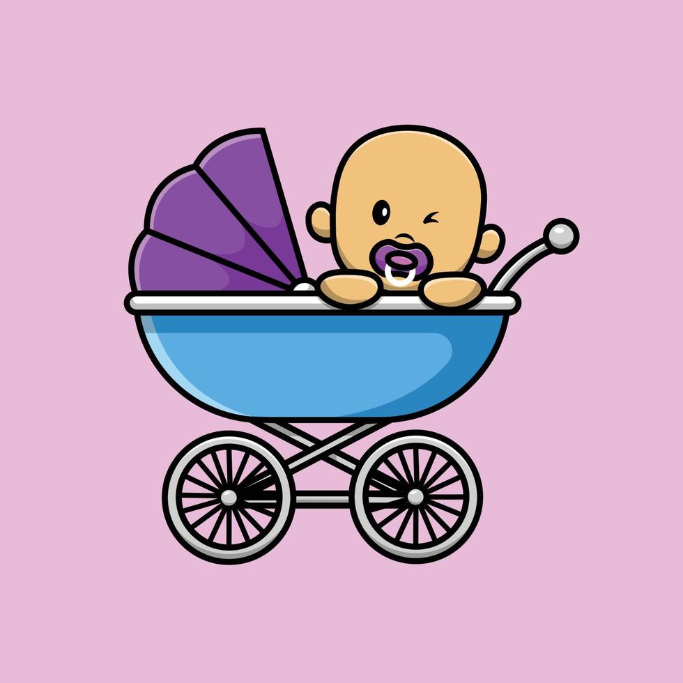 Cute Baby In Stroller Cartoon Vector Icon Illustration. People Family Icon Concept Isolated Premium Vector. Flat Cartoon Style