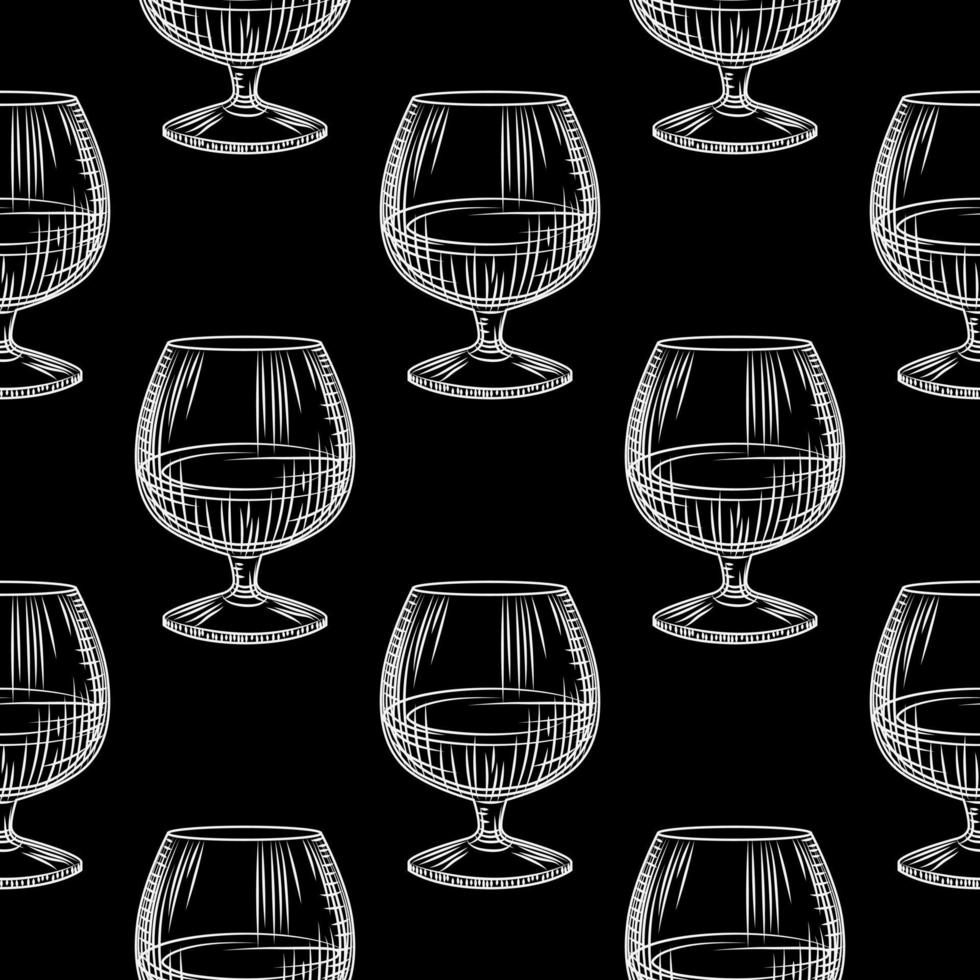 Hand drawn snifter glass seamless pattern. Glass of brandy or cognac on black background. vector