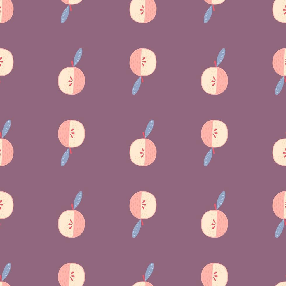 Pink random seamless pattern with apple shapes. Purple background. Doodle fruit print. vector