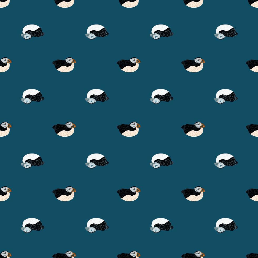 Abstract zoo seamless doodle pattern with hand drawn puffin bird shapes. Navy blue pale background. vector