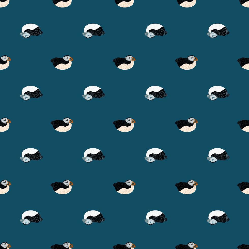 Abstract zoo seamless doodle pattern with hand drawn puffin bird shapes. Navy blue pale background. vector