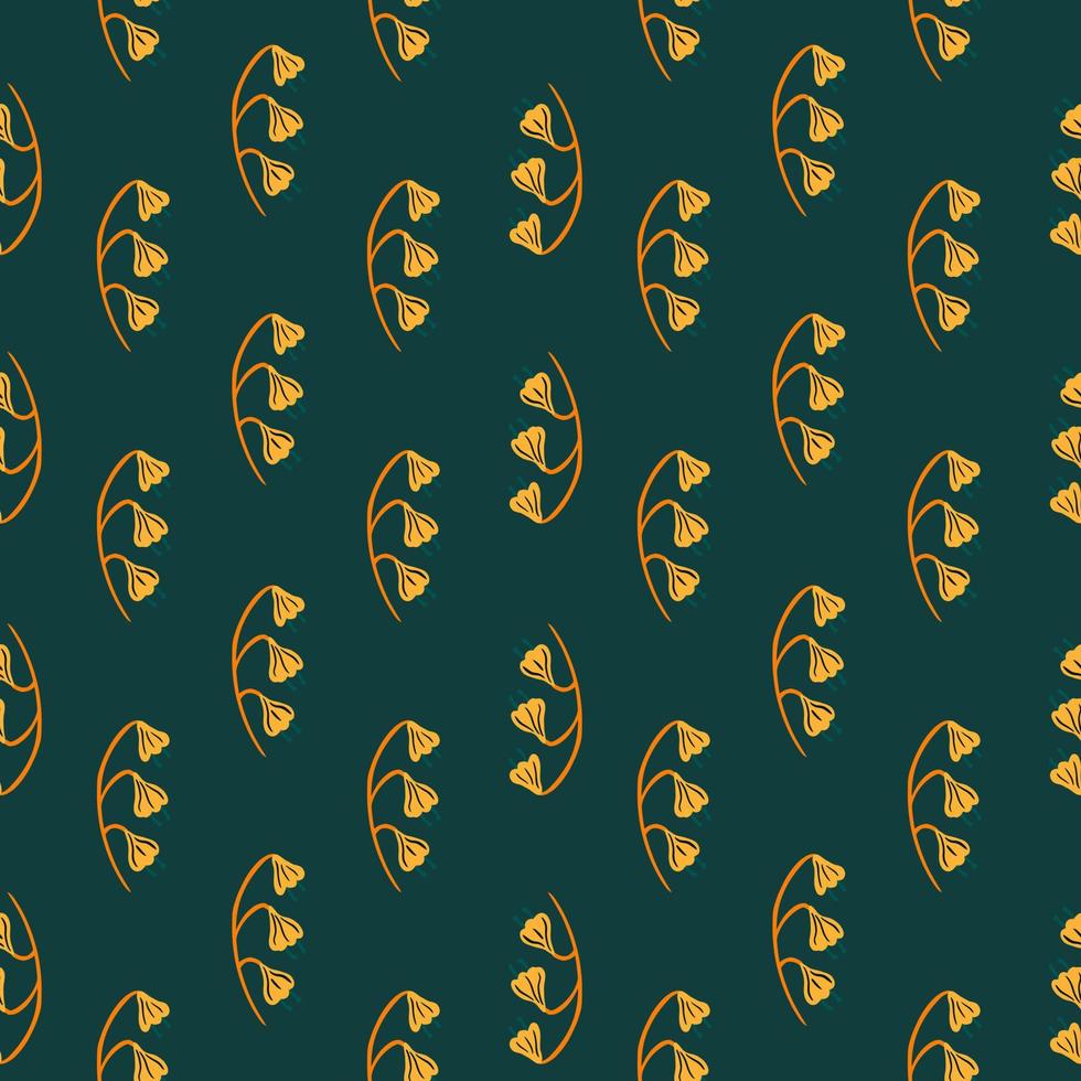 Abstract seamless pattern with little orange bell flowers ornament. Dark turquoise background. Bloom print. vector