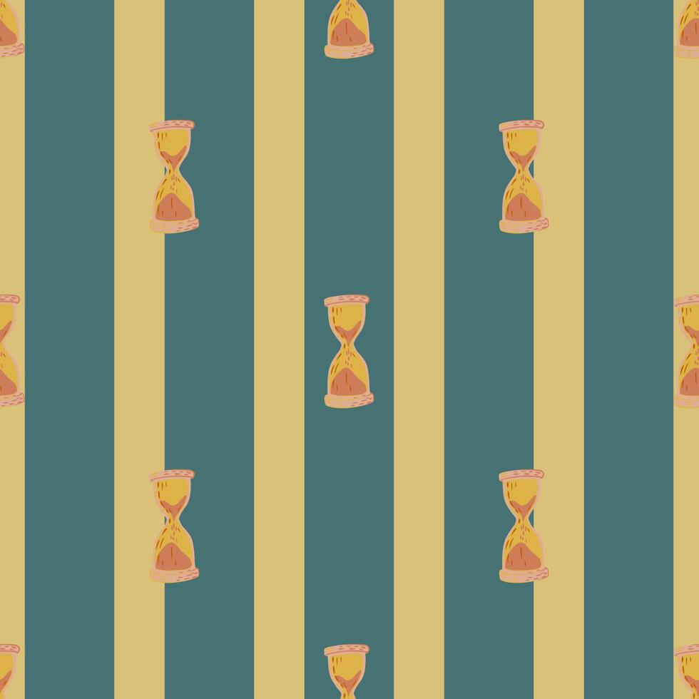 Vintage seamless pattern with orange colored hourglass elements. Turquoise and ocher striped background. vector