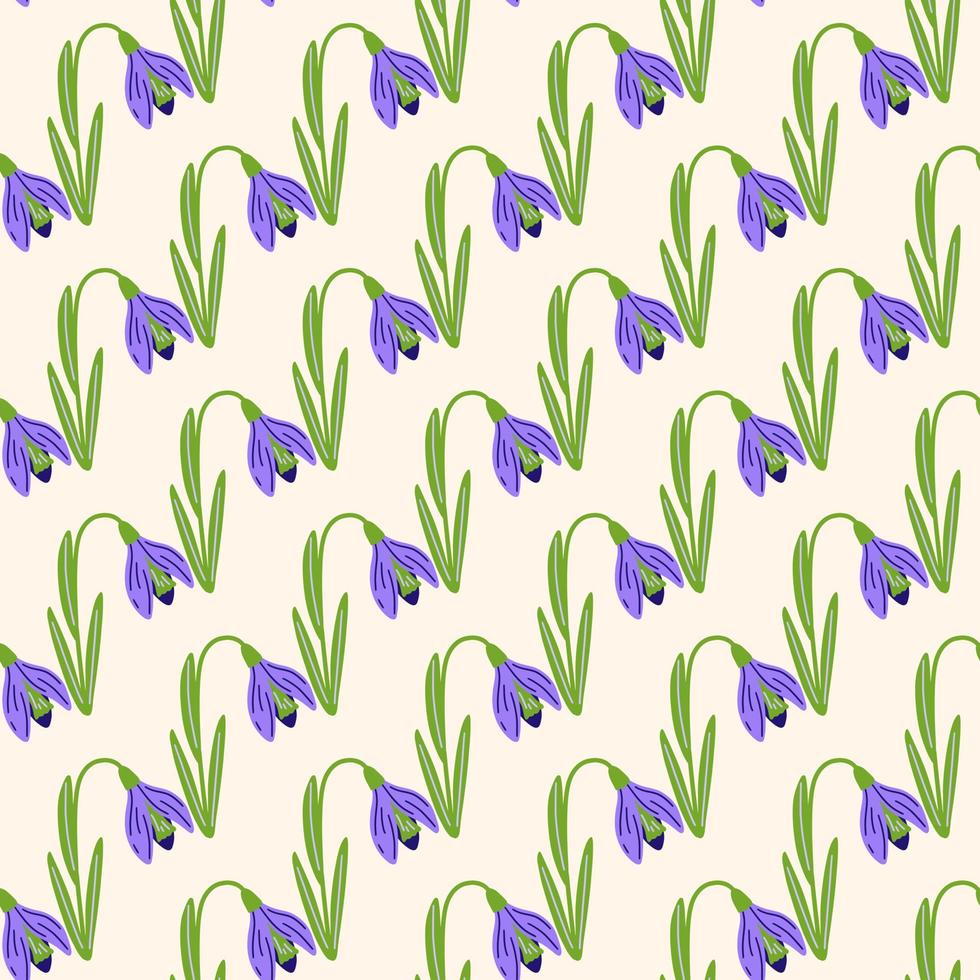 Purple colored snowdrops natural seamless pattern in doodle style. Isolated flowers backdrop. vector
