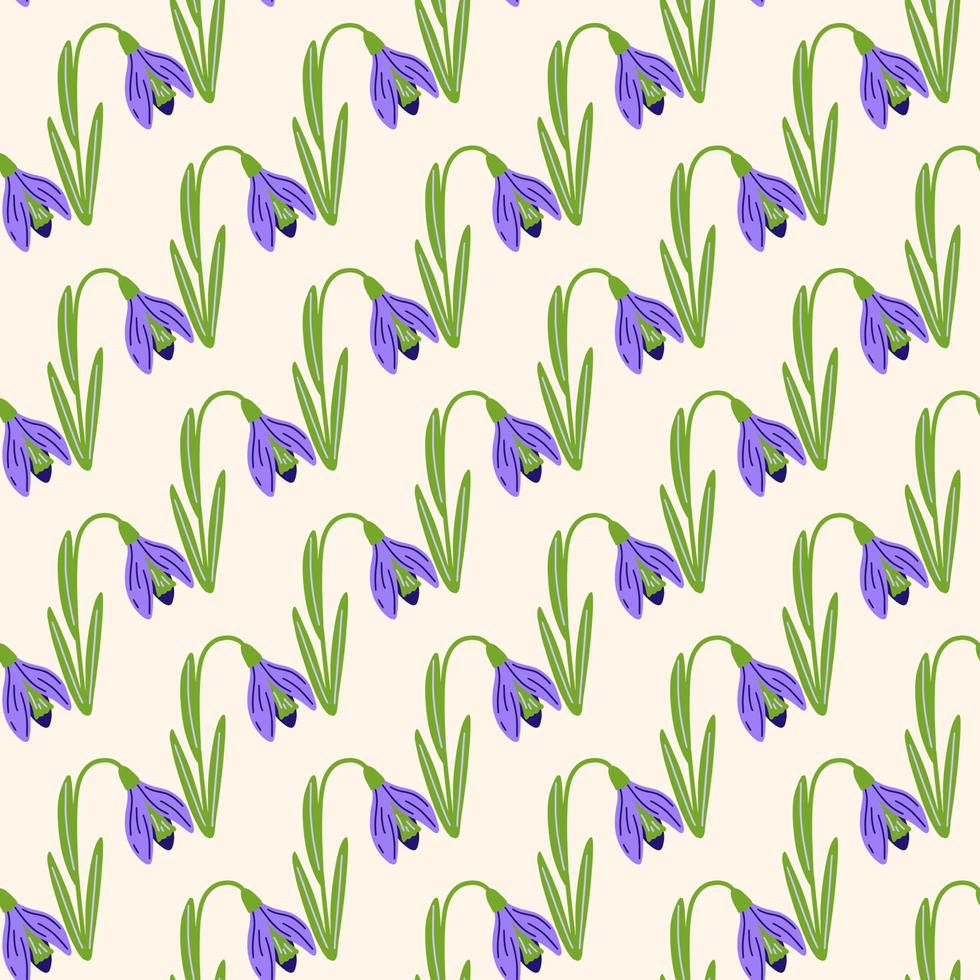 Purple colored snowdrops natural seamless pattern in doodle style. Isolated flowers backdrop. vector