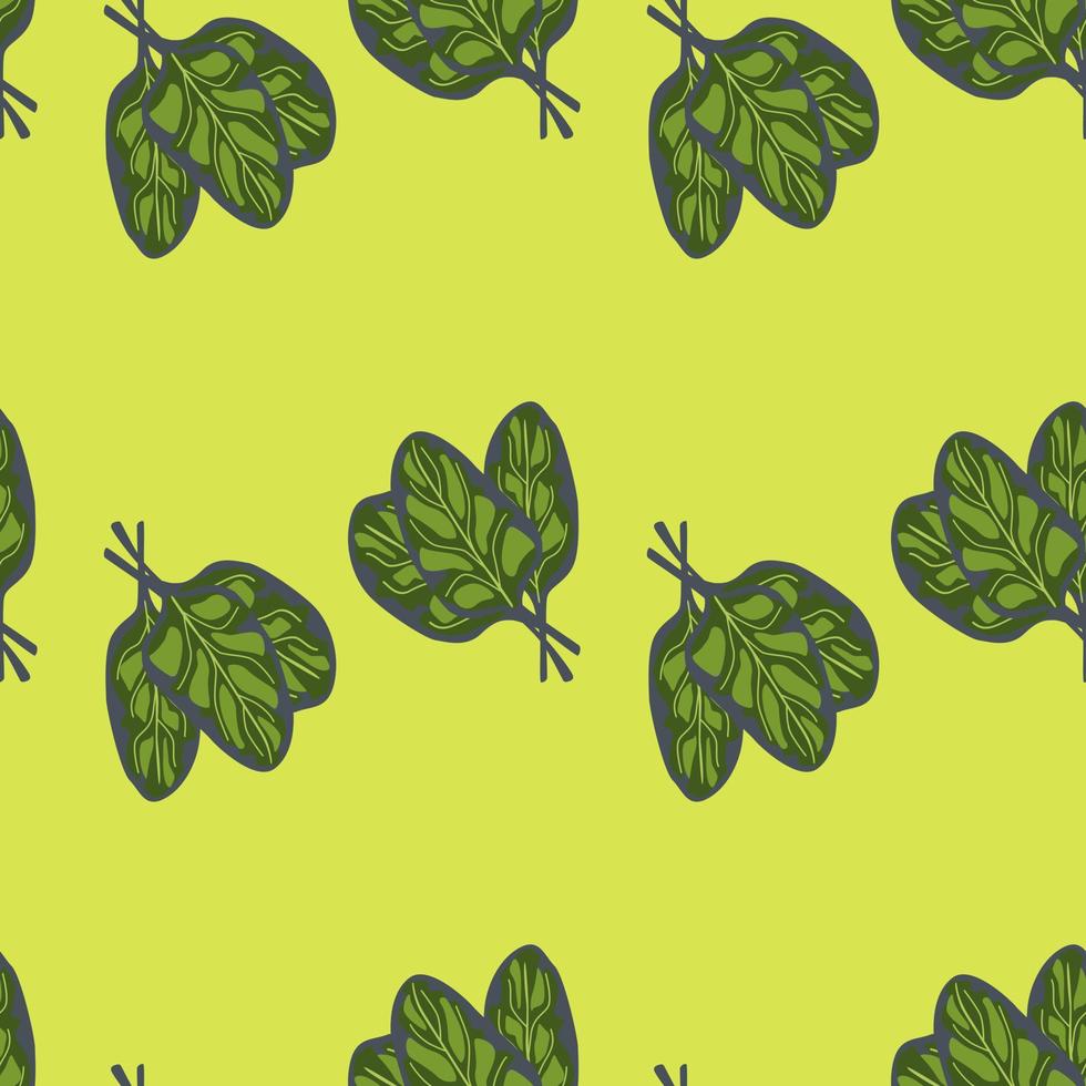 Seamless pattern bunch spinach salad on bright green background. Simple ornament with lettuce. vector