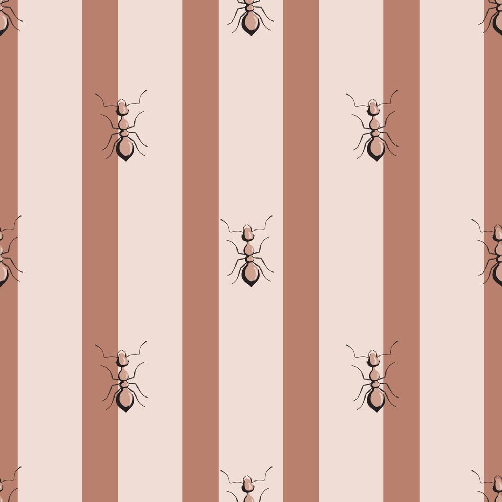 Seamless pattern colony ants on striped pink background. Vector insects template in flat style for any purpose. Modern animals texture.