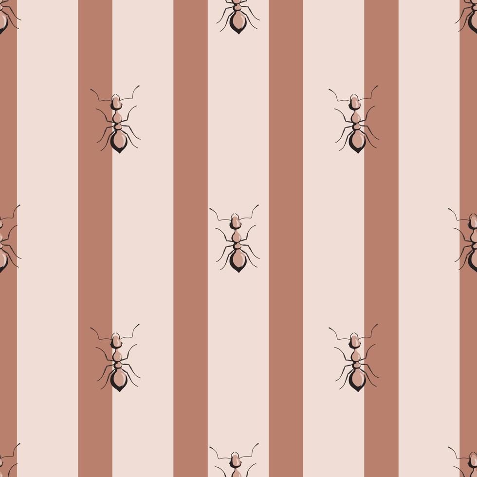 hormigas de colonia de patrones sin fisuras sobre fondo rosa rayado. plantilla de insectos vectoriales en estilo plano para cualquier propósito. textura de animales modernos. vector