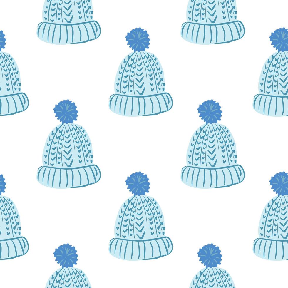 Isolated seamless pattern with blue doodle cozy hat ornament. White background. vector