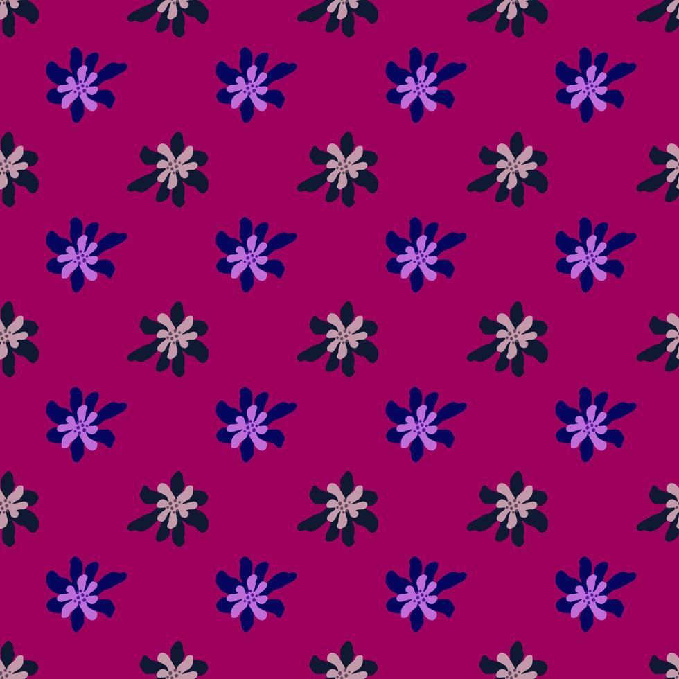 Decorative seamless pattern with doodle hand drawn navy bue flowers elements on pink background. vector