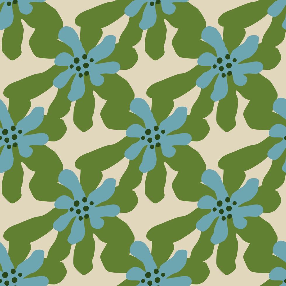 Green and blue colored daisy flower seamless pattern in hand drawn style. Light background. vector