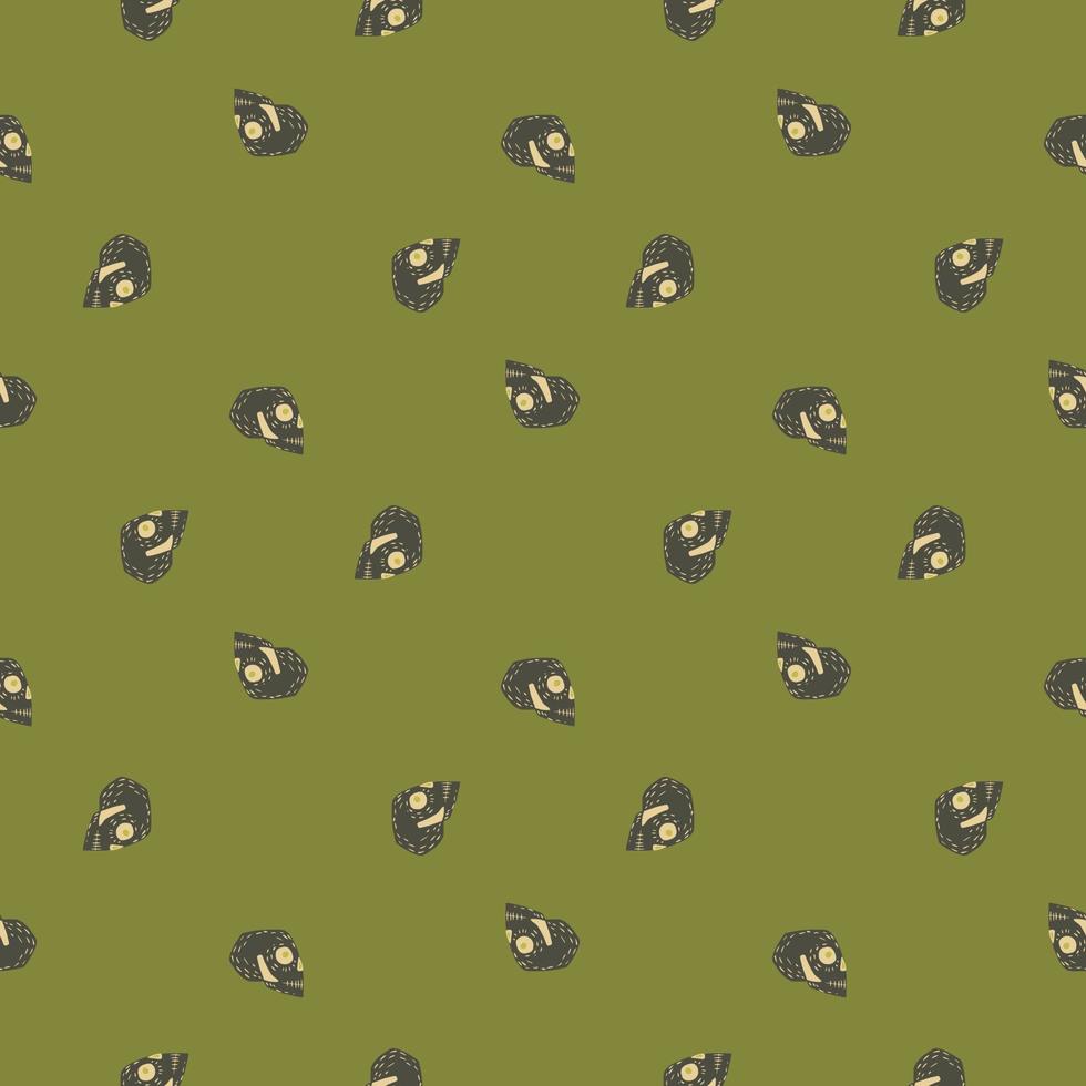 Cartoon seamless pattern with little skull silhouettes. Green olive background. Scary print. vector