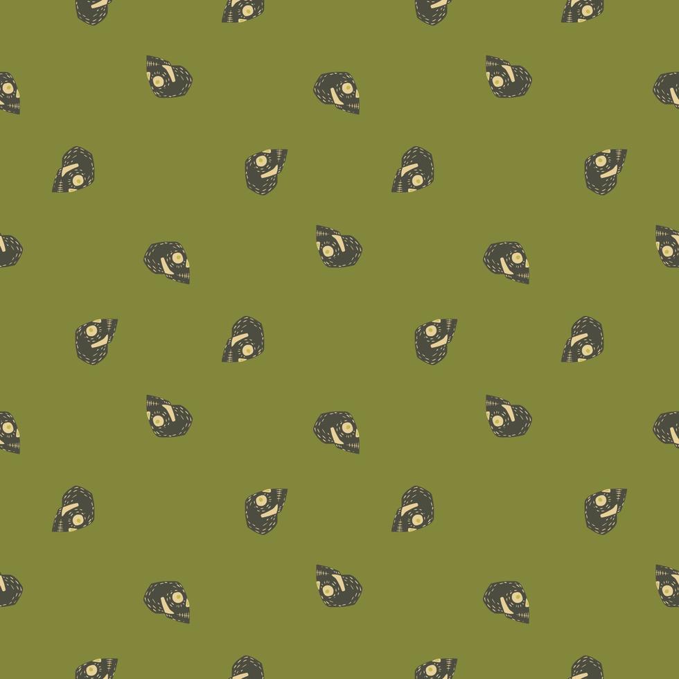 Cartoon seamless pattern with little skull silhouettes. Green olive background. Scary print. vector