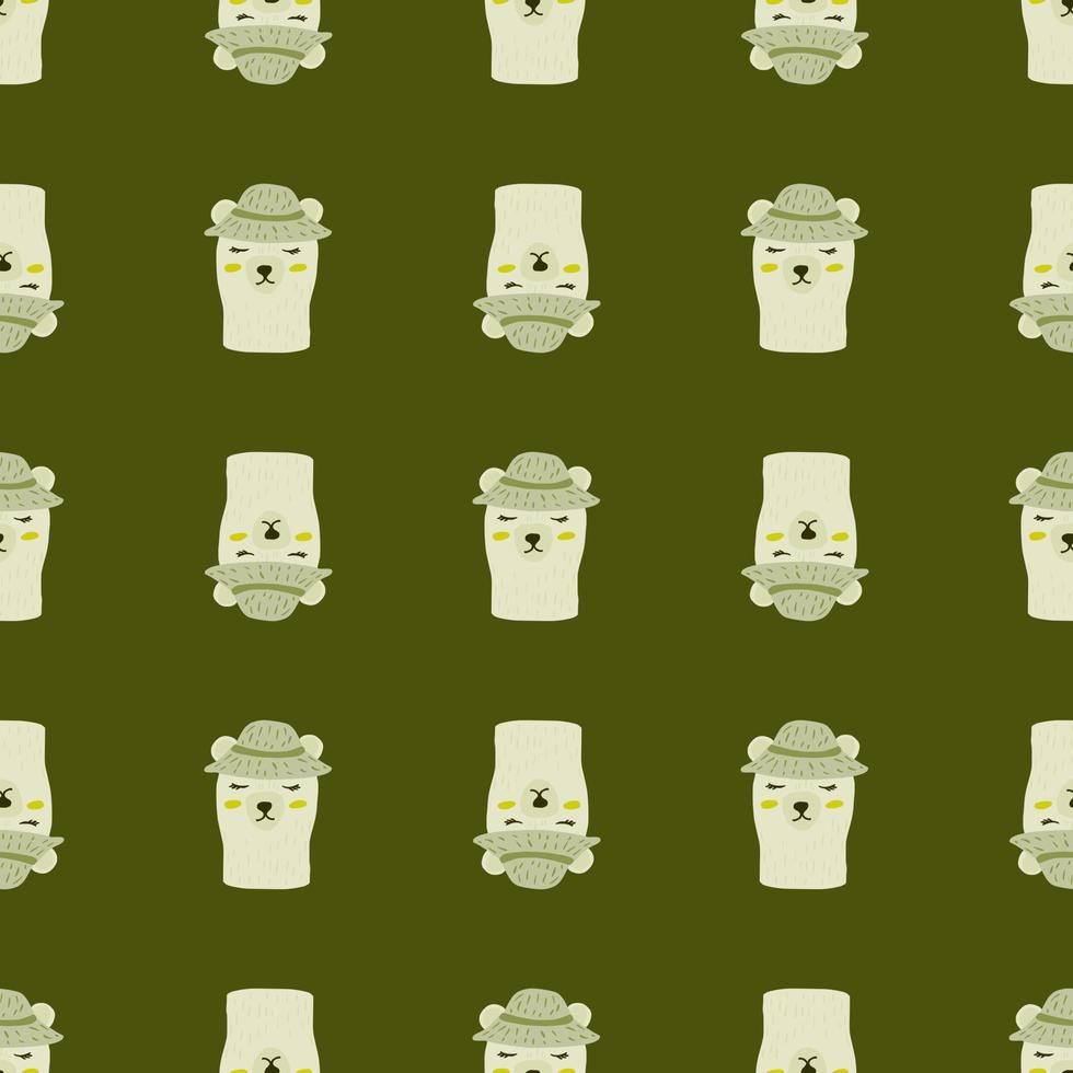 Kids funny seamless animal pattern with light grey bears in hats. Green olive background. Creative design. vector