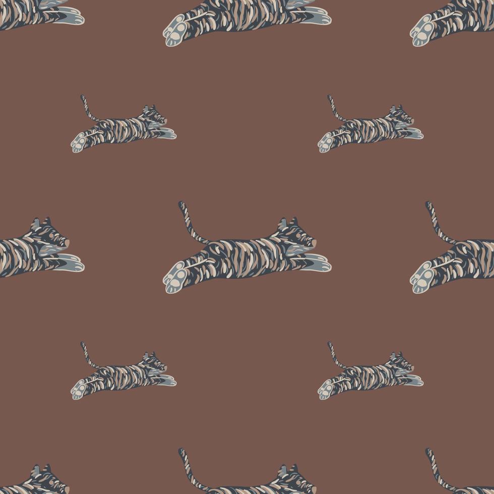 Decorative seamless doodle pattern with hand drawn grey jumping tigers print. Pastel brown background. vector