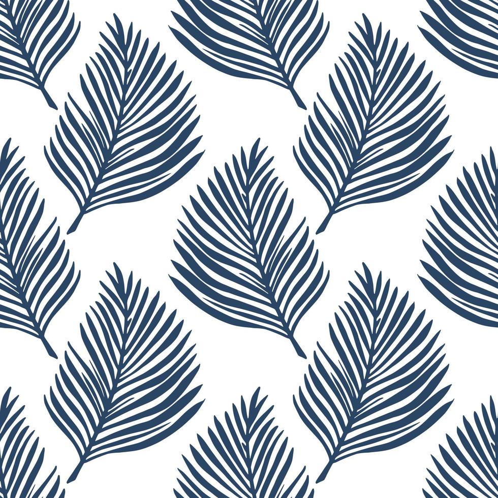 Vintage isolated seamless pattern with doodle navy blue fern leaf silhouettes. White background. vector