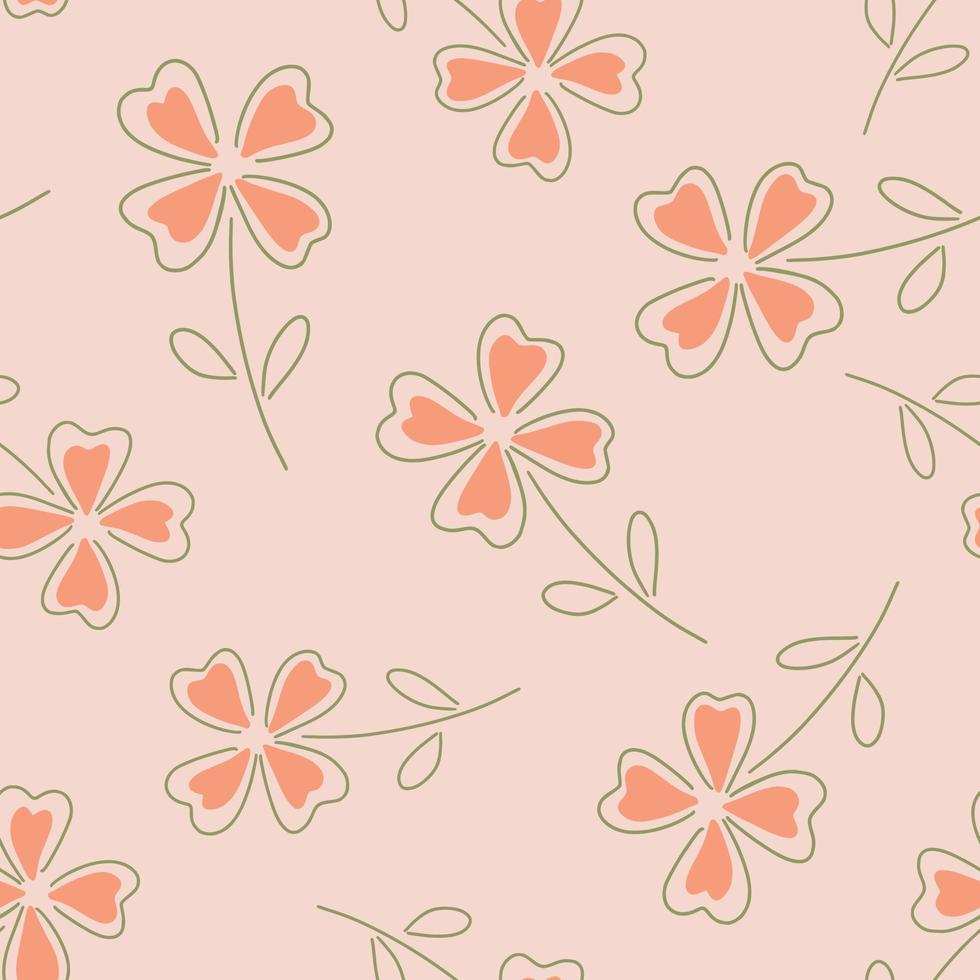 tierno lindo patrón sin costuras con adorno de trébol de cuatro hojas al azar. fondo rosa pastel. obra de arte sencilla. vector