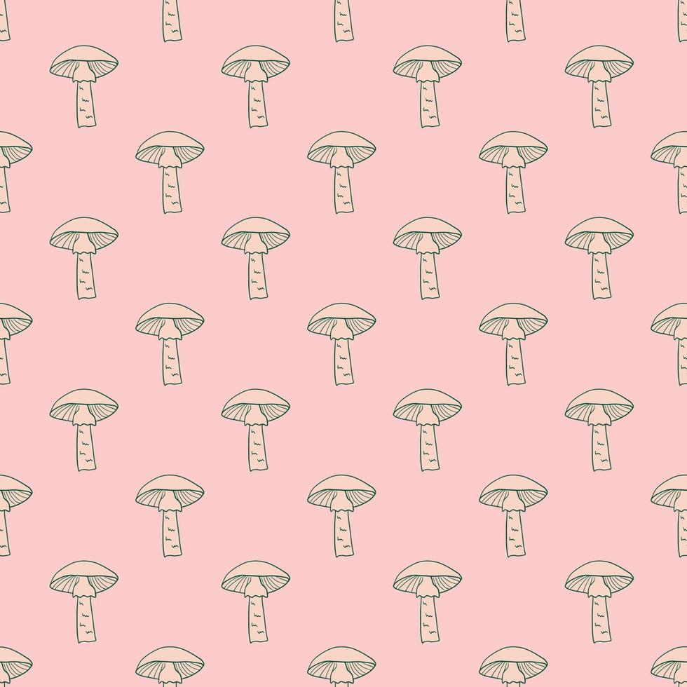 Green contoured mushrooms shapes seamless pattern. Pink background. Doodle forest elements. Abstract style. vector