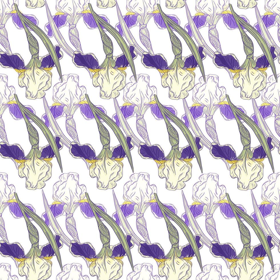 Seamless nature pattern with decorative purple iris flowers shapes. Isolated botanuc floral print. vector