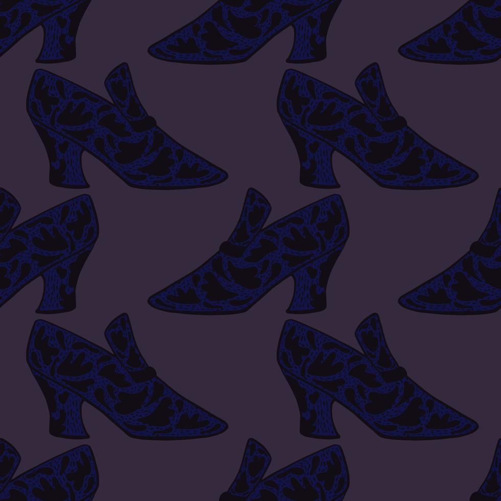 Seamless pattern in style theme with fashion boots silhouettes. navy blue and purple dark palette print. vector