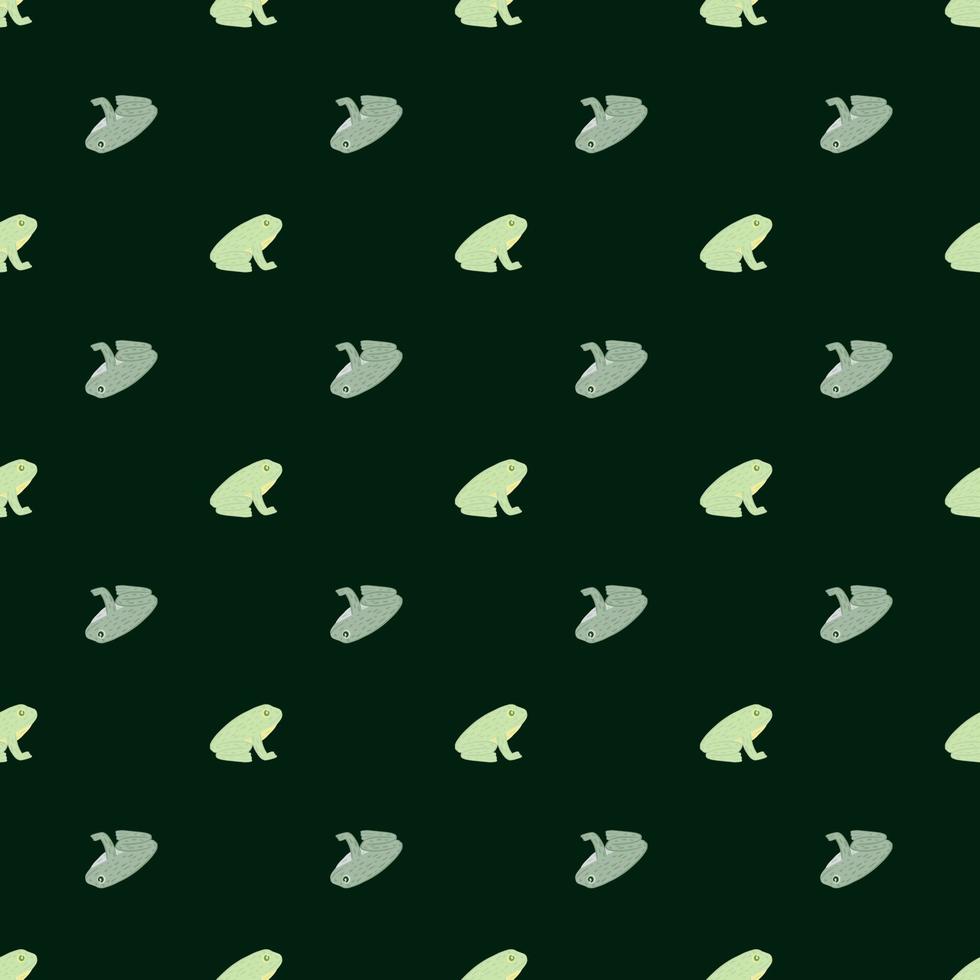 Cartoon animal aquatic seamless pattern with blue and green little frog silhouettes on dark background. vector