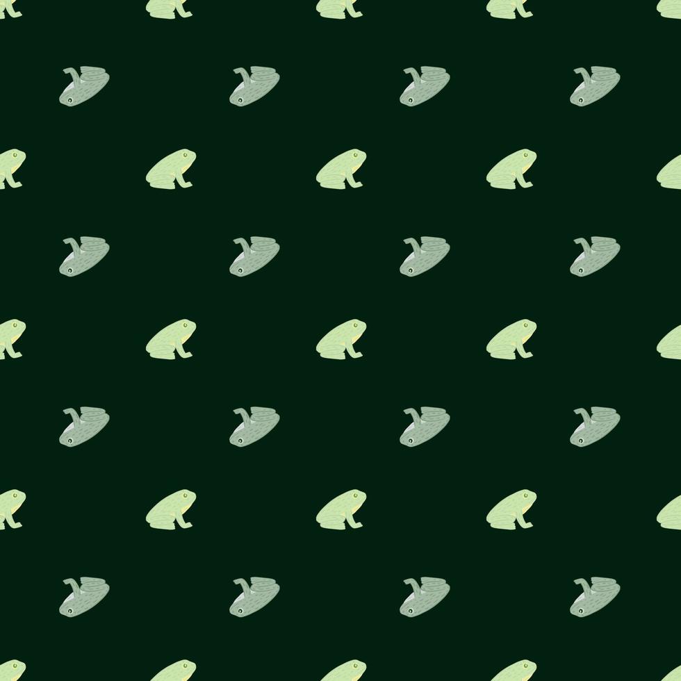 Cartoon animal aquatic seamless pattern with blue and green little frog silhouettes on dark background. vector