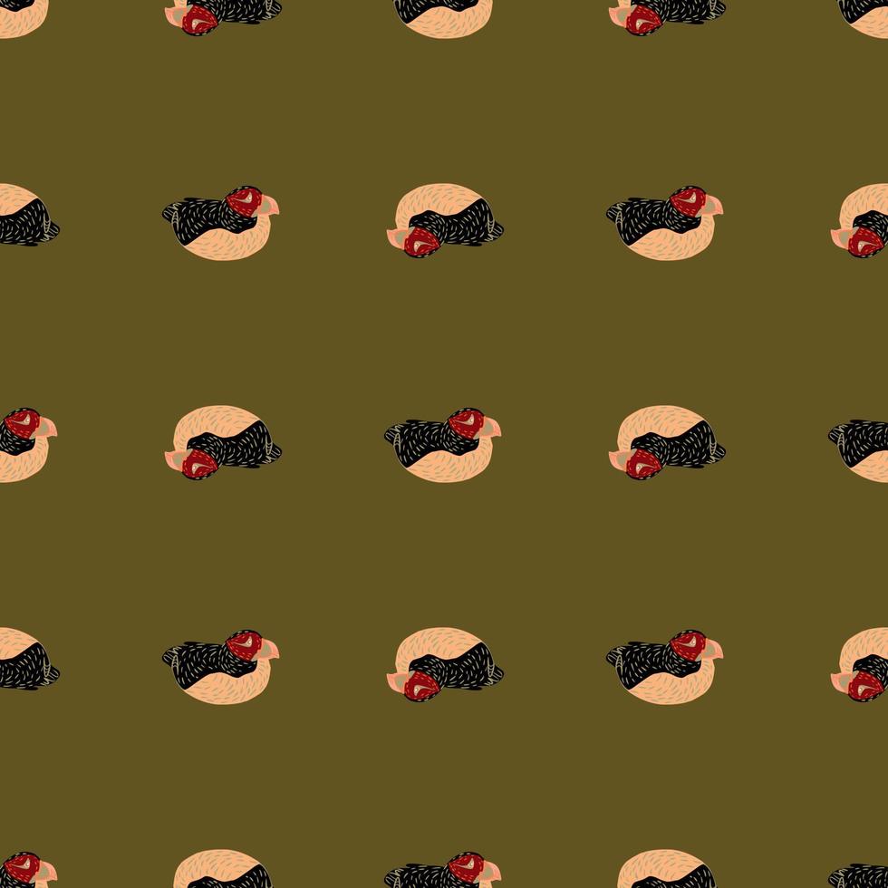 Decorative zoo seamless pattern with hand drawn puffin ornament. Green olive background. Hand drawn print. vector